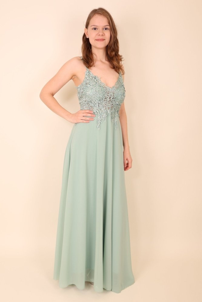 Langes Ballkleid mit Spitze und Spaghettiträgern, mint - Dein Kleiderladen