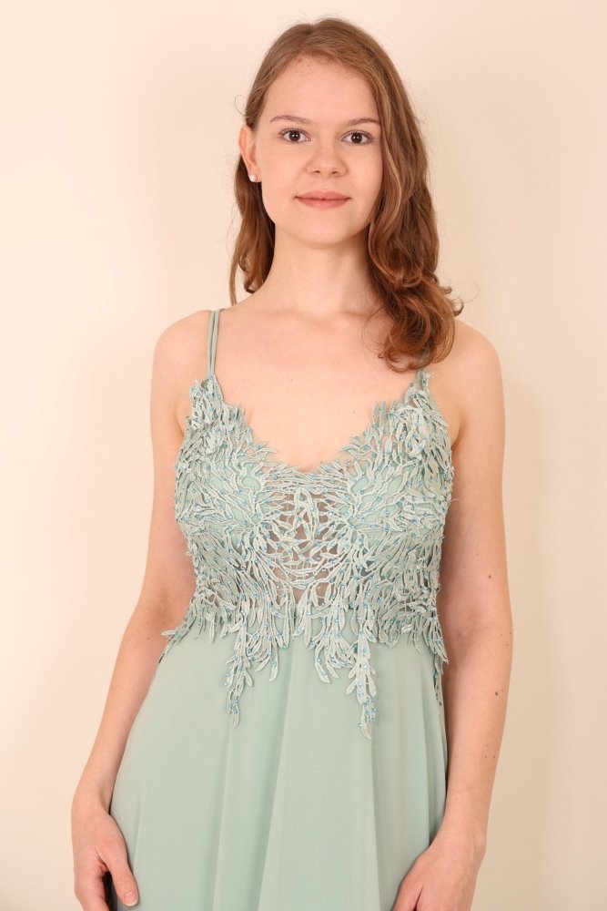 Langes Ballkleid mit Spitze und Spaghettiträgern, mint - Dein Kleiderladen