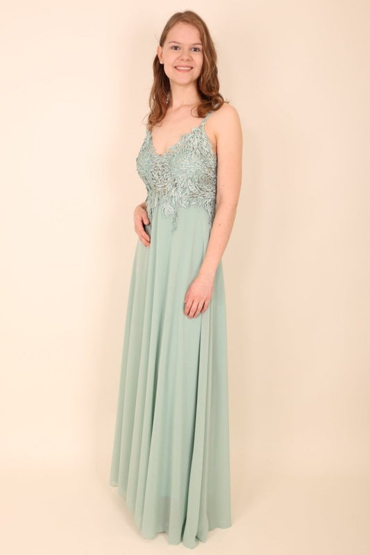 Langes Ballkleid mit Spitze und Spaghettiträgern, mint - Dein Kleiderladen