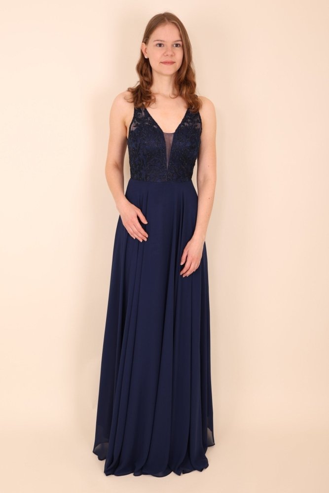 langes Ballkleid mit Spitzenoberteil, dunkelblau - Dein Kleiderladen