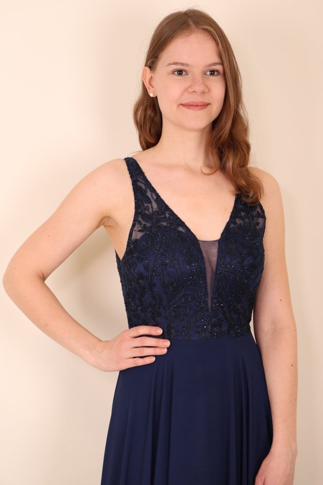 langes Ballkleid mit Spitzenoberteil, dunkelblau - Dein Kleiderladen