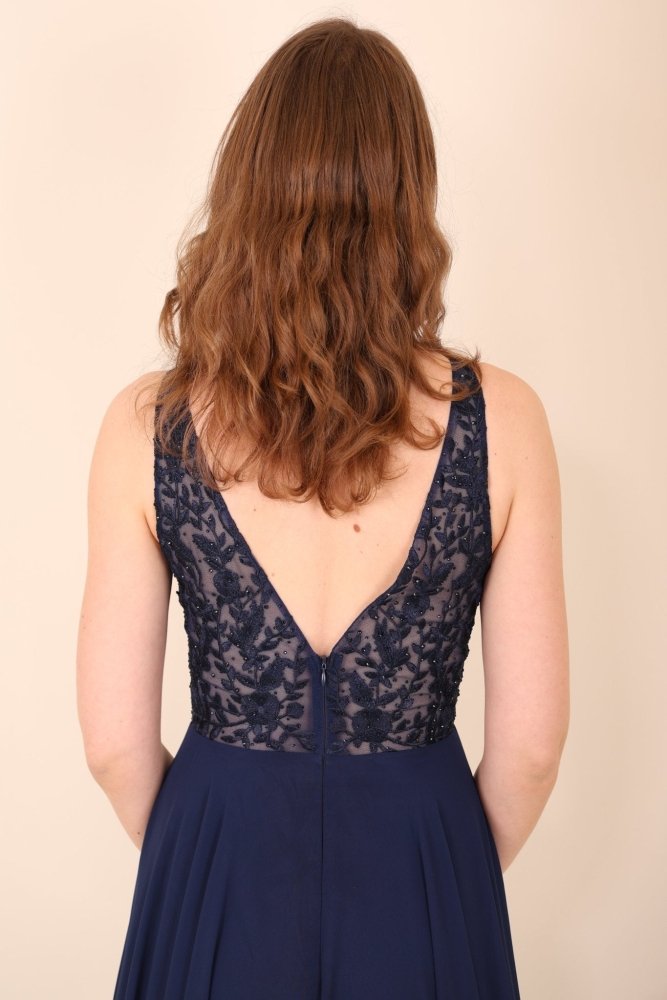 langes Ballkleid mit Spitzenoberteil, dunkelblau - Dein Kleiderladen