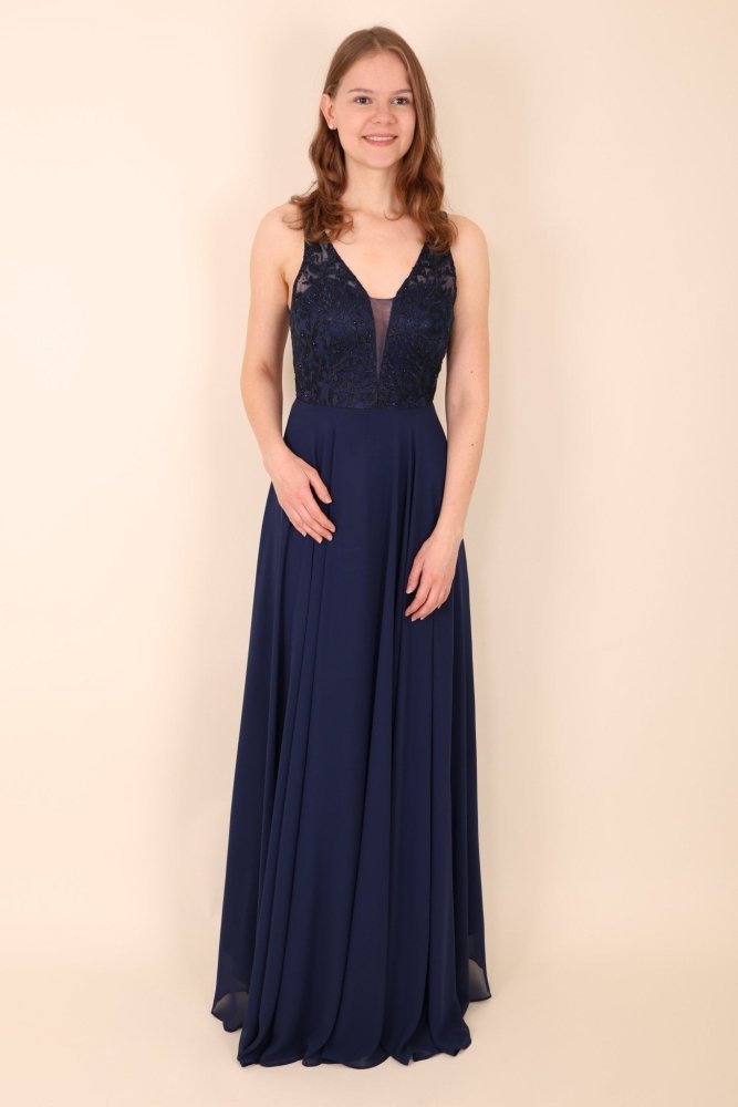 langes Ballkleid mit Spitzenoberteil, dunkelblau - Dein Kleiderladen