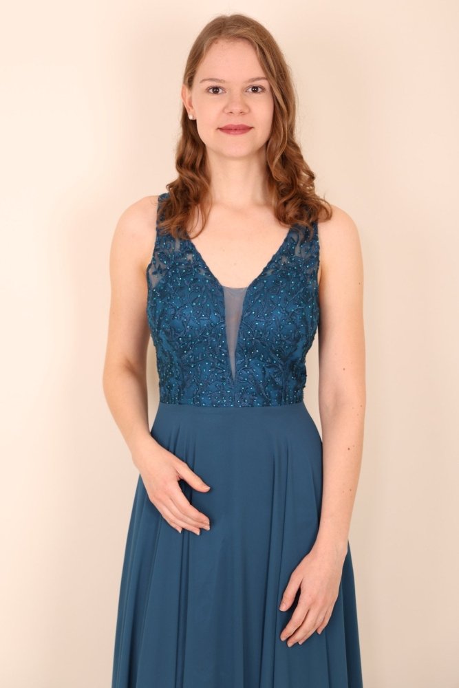 langes Ballkleid mit Spitzenoberteil, petrol - Dein Kleiderladen