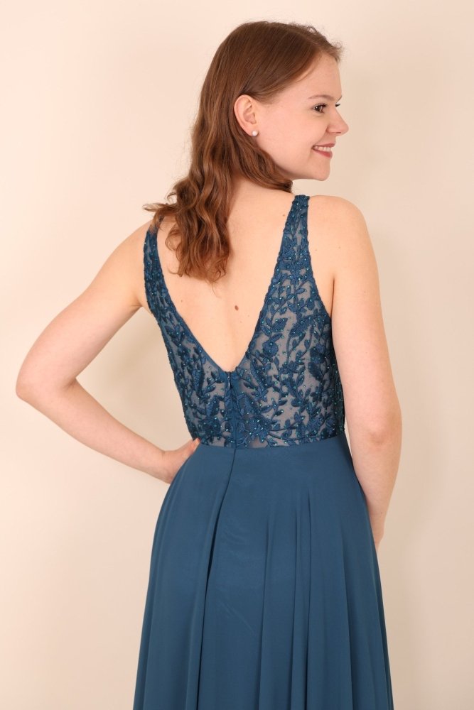 langes Ballkleid mit Spitzenoberteil, petrol - Dein Kleiderladen