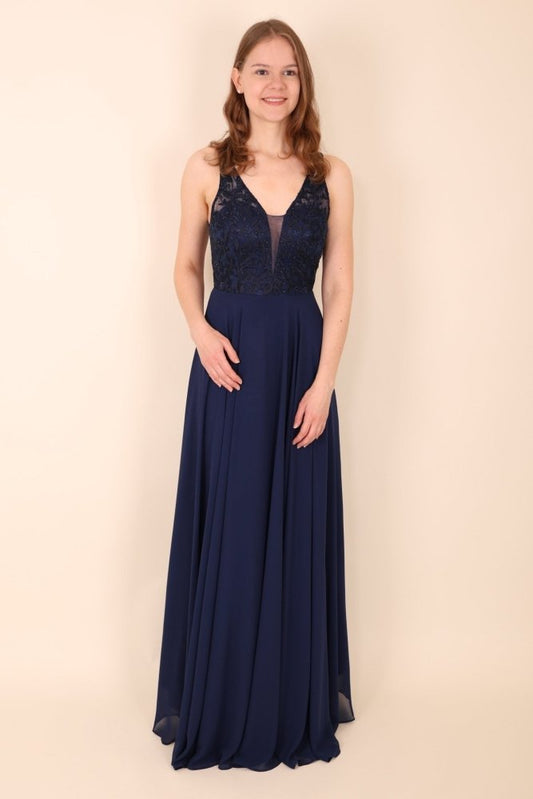 Langes Kleid mit floraler Spitze, dunkelblau - Dein Kleiderladen