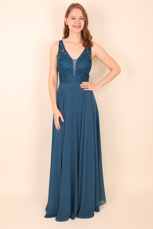 Langes Kleid mit floraler Spitze, petrol - Dein Kleiderladen