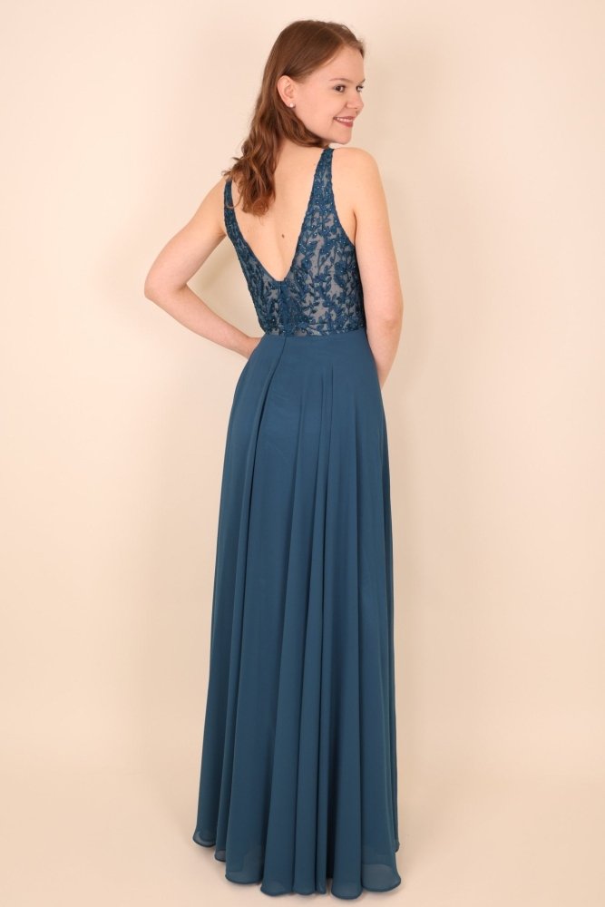 Langes Kleid mit floraler Spitze, petrol - Dein Kleiderladen