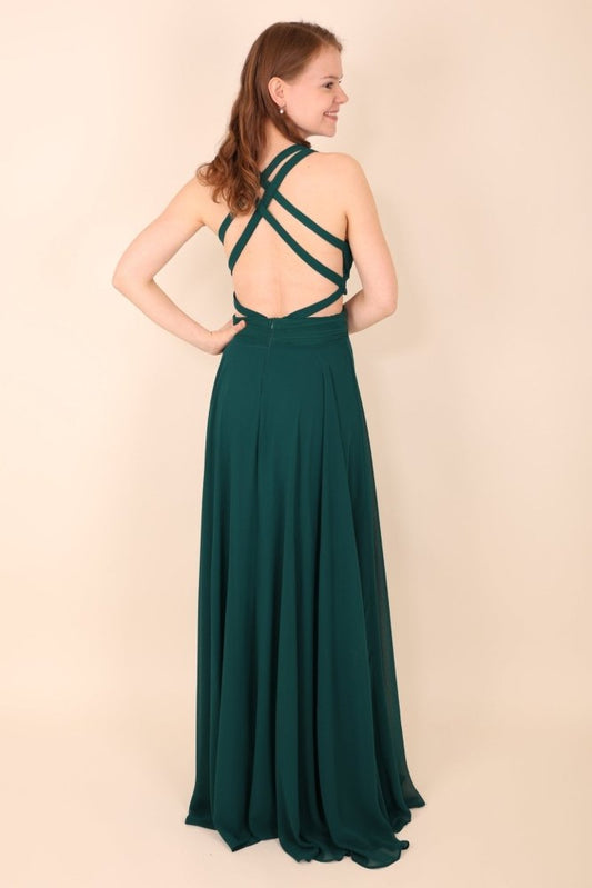 Langes Kleid mit raffinierten Cut - Outs und tiefem Rückenausschnitt, dunkelgrün - Dein Kleiderladen