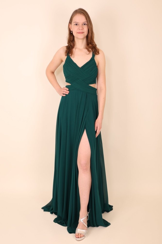 Langes Kleid mit raffinierten Cut - Outs und tiefem Rückenausschnitt, dunkelgrün - Dein Kleiderladen
