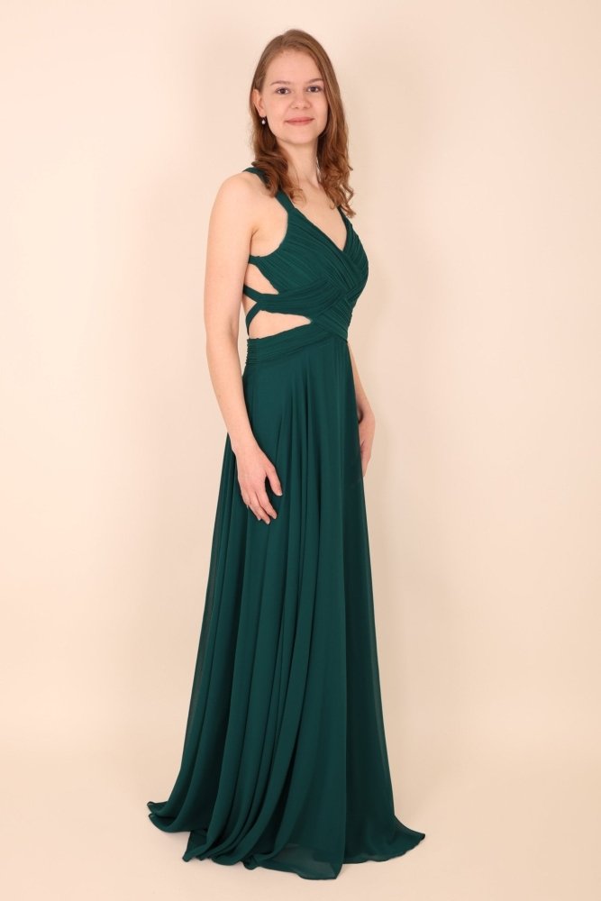Langes Kleid mit raffinierten Cut - Outs und tiefem Rückenausschnitt, dunkelgrün - Dein Kleiderladen