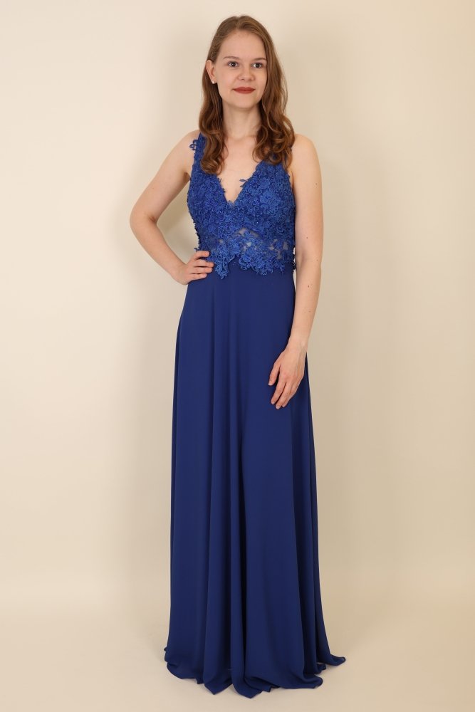 Langes Kleid mit Spitze und funkelnden Steinen, königsblau - Dein Kleiderladen