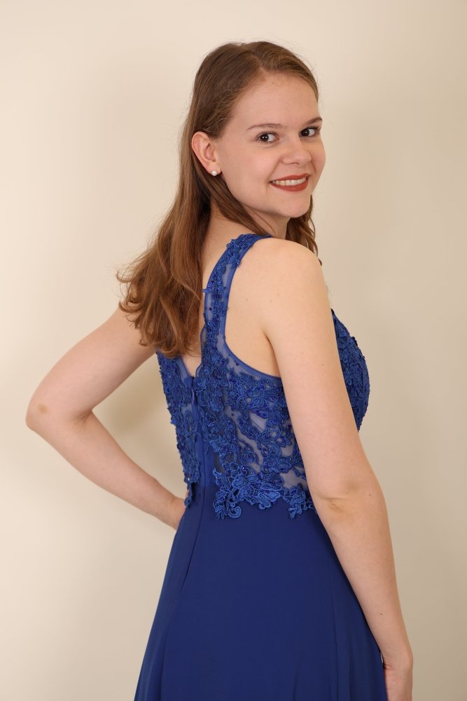Langes Kleid mit Spitze und funkelnden Steinen, königsblau - Dein Kleiderladen