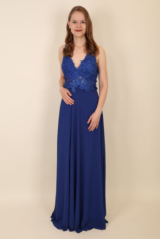 Langes Kleid mit Spitze und funkelnden Steinen, königsblau - Dein Kleiderladen