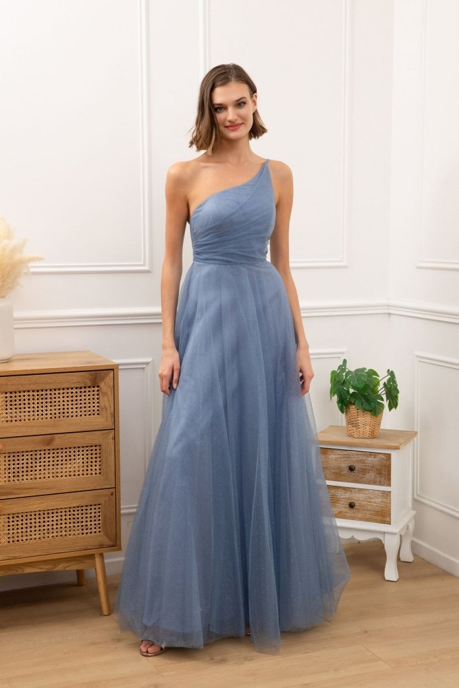 Langes One - Shoulder Glitzer - Tüllkleid, hellblau - Dein Kleiderladen