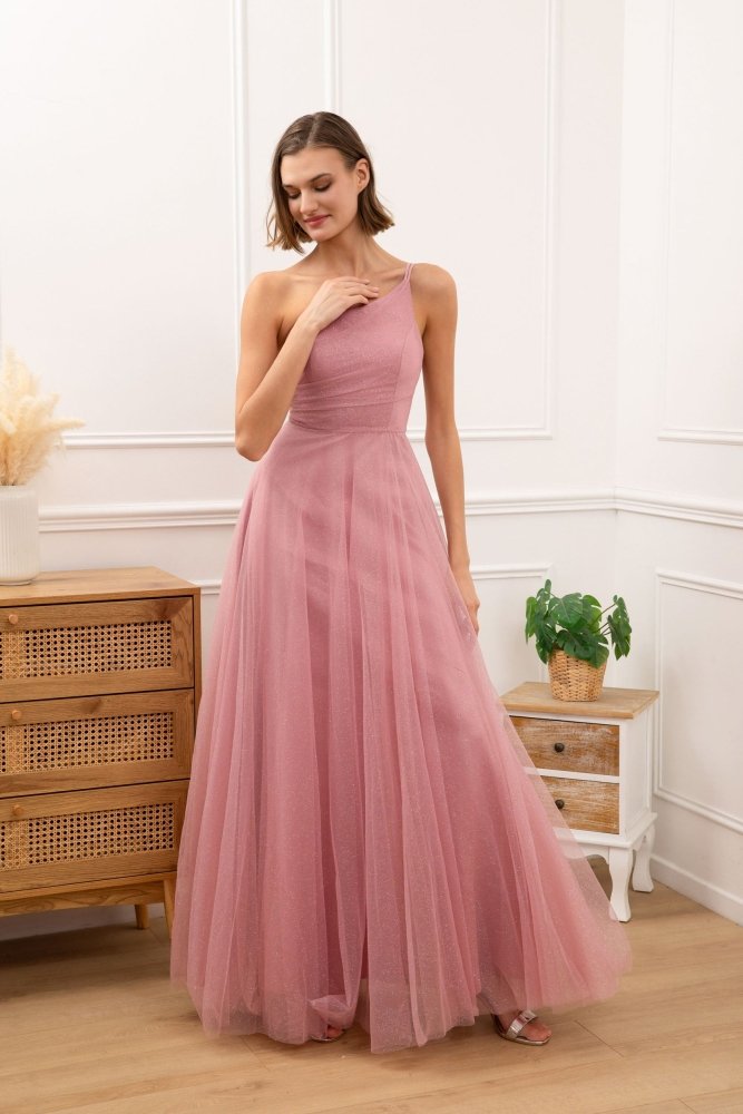 Langes One - Shoulder Glitzer - Tüllkleid, rosa - Dein Kleiderladen