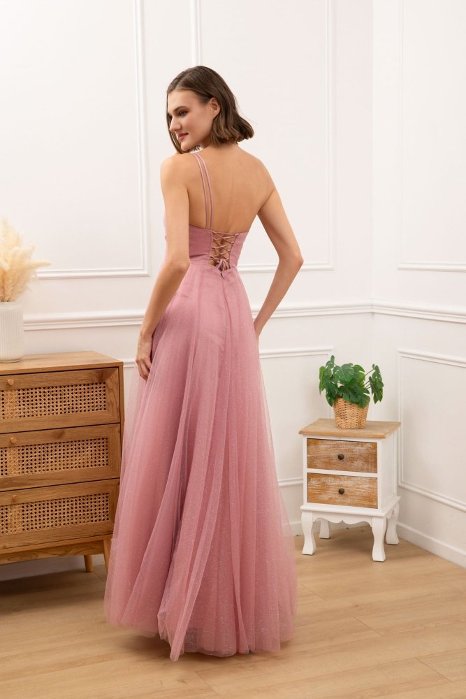 Langes One - Shoulder Glitzer - Tüllkleid, rosa - Dein Kleiderladen