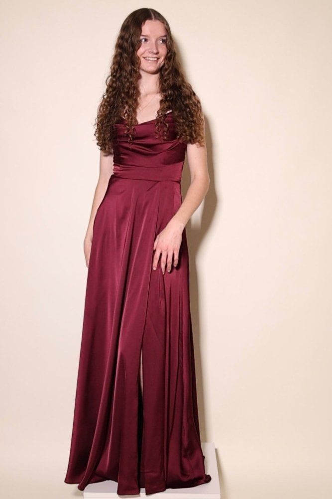 Langes Satin - Abendkleid mit Schlitz und Schnürung, dunkelrot - Dein Kleiderladen