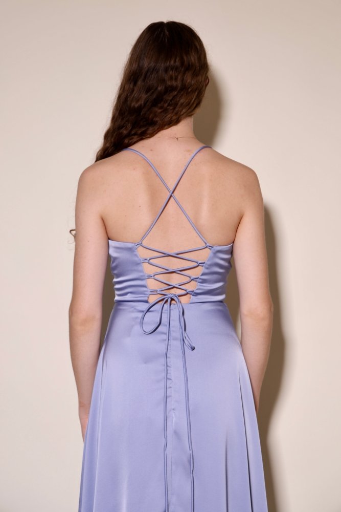 Langes Satin - Abendkleid mit Schlitz und Schnürung, graublau - Dein Kleiderladen