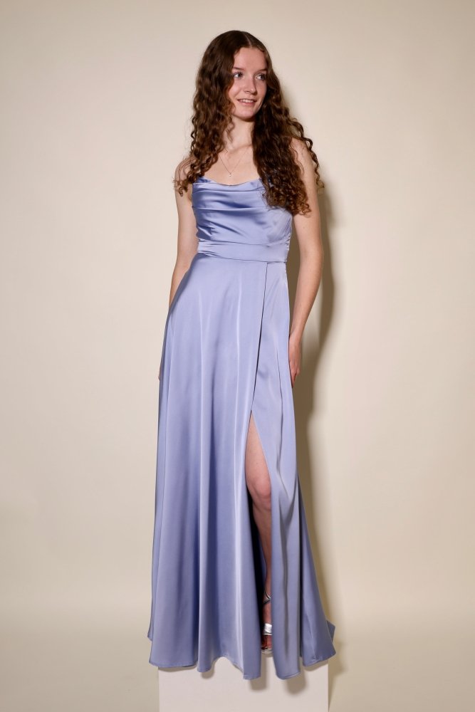 Langes Satin - Abendkleid mit Schlitz und Schnürung, graublau - Dein Kleiderladen