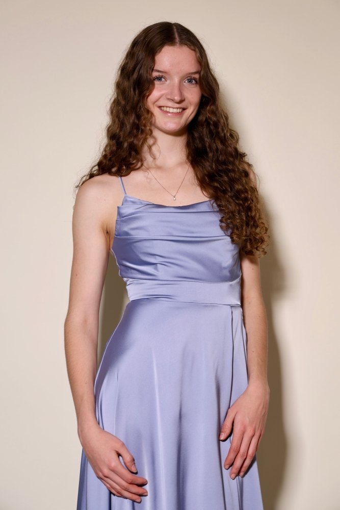 Langes Satin - Abendkleid mit Schlitz und Schnürung, graublau - Dein Kleiderladen