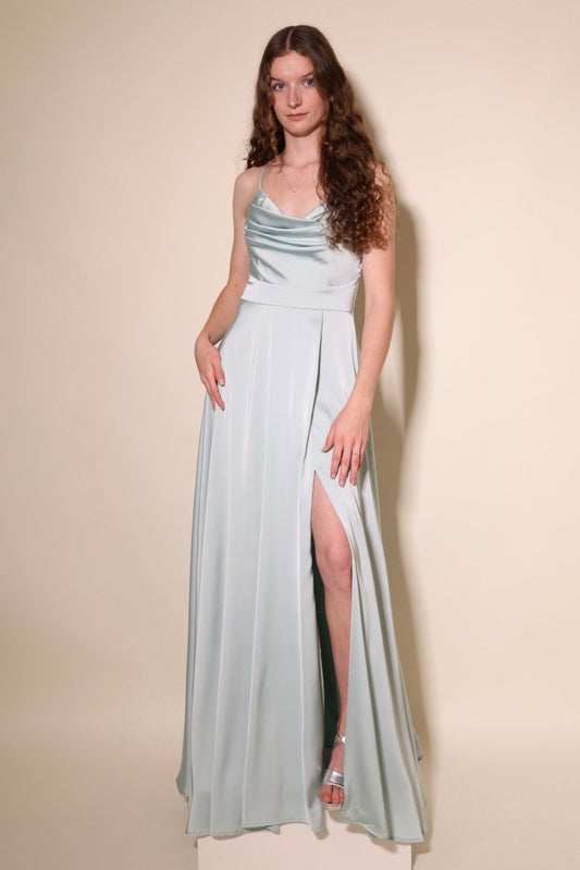 Langes Satin - Abendkleid mit Schlitz und Schnürung, mint - Dein Kleiderladen