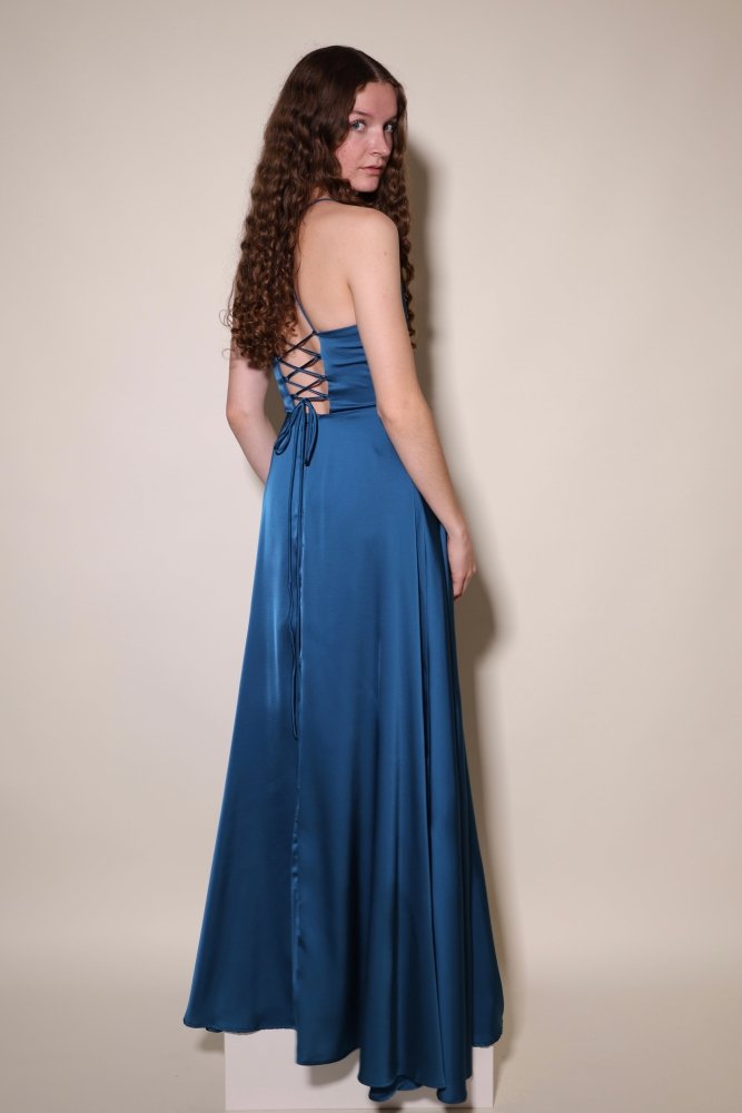 Langes Satin - Abendkleid mit Schlitz und Schnürung, petrol - Dein Kleiderladen