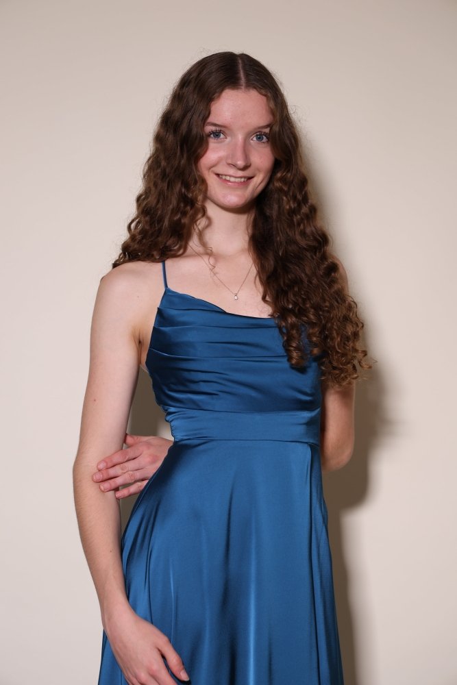 Langes Satin - Abendkleid mit Schlitz und Schnürung, petrol - Dein Kleiderladen
