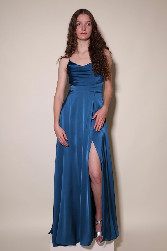 Langes Satin - Abendkleid mit Schlitz und Schnürung, petrol - Dein Kleiderladen