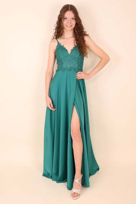 Langes Satinkleid mit Spitze und Schlitz, grün - Dein Kleiderladen