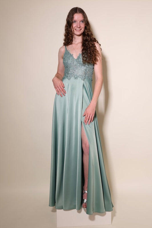 Langes Satinkleid mit Spitze und Schlitz, mint - Dein Kleiderladen