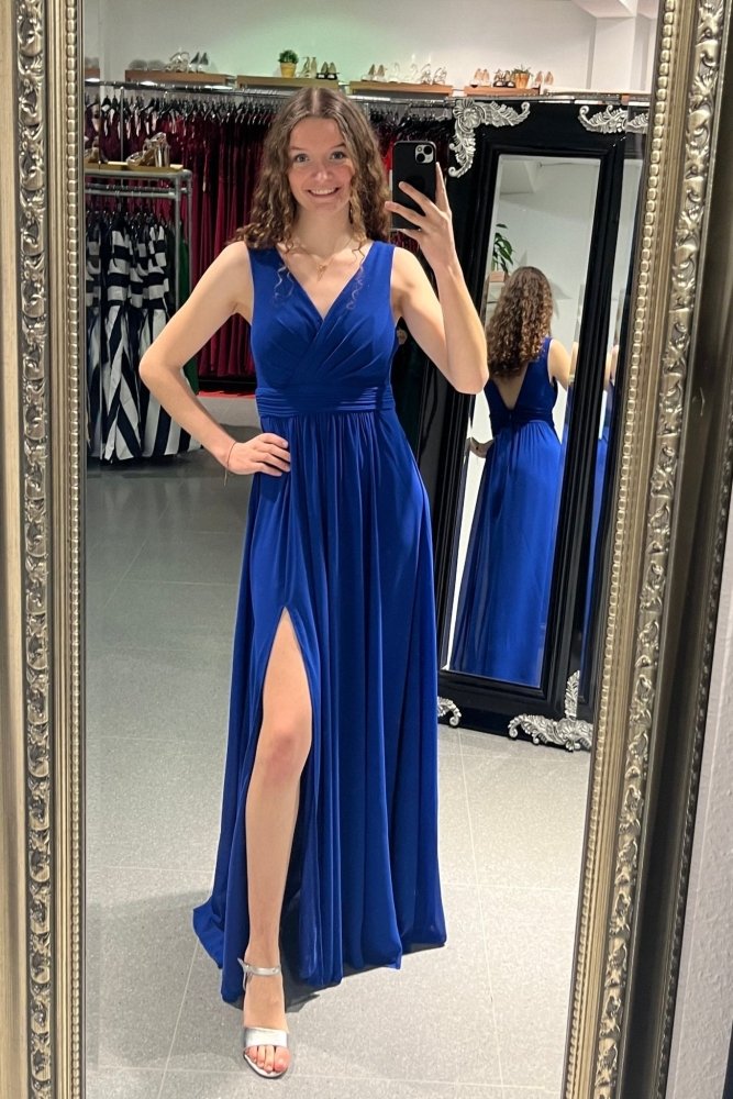 Langes schlichtes Kleid mit Schlitz, königsblau - Dein Kleiderladen