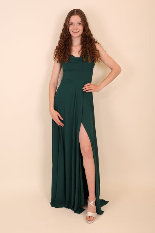 Langes schlichtes Kleid mit Schlitz mit elegantem Herzausschnitt, dunkelgrün - Dein Kleiderladen