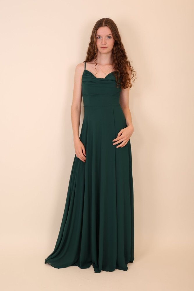 Langes schlichtes Kleid mit Schlitz mit elegantem Herzausschnitt, dunkelgrün - Dein Kleiderladen