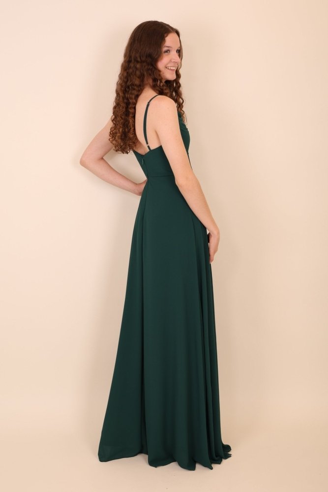 Langes schlichtes Kleid mit Schlitz mit elegantem Herzausschnitt, dunkelgrün - Dein Kleiderladen