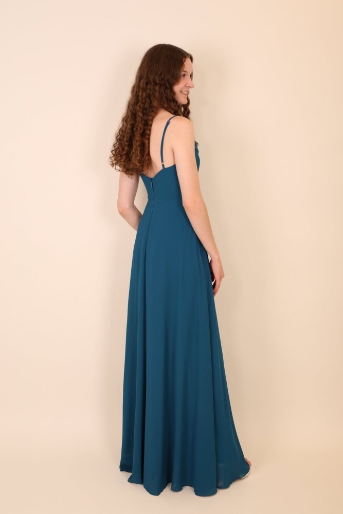 Langes schlichtes Kleid mit Schlitz mit elegantem Herzausschnitt, petrol - Dein Kleiderladen