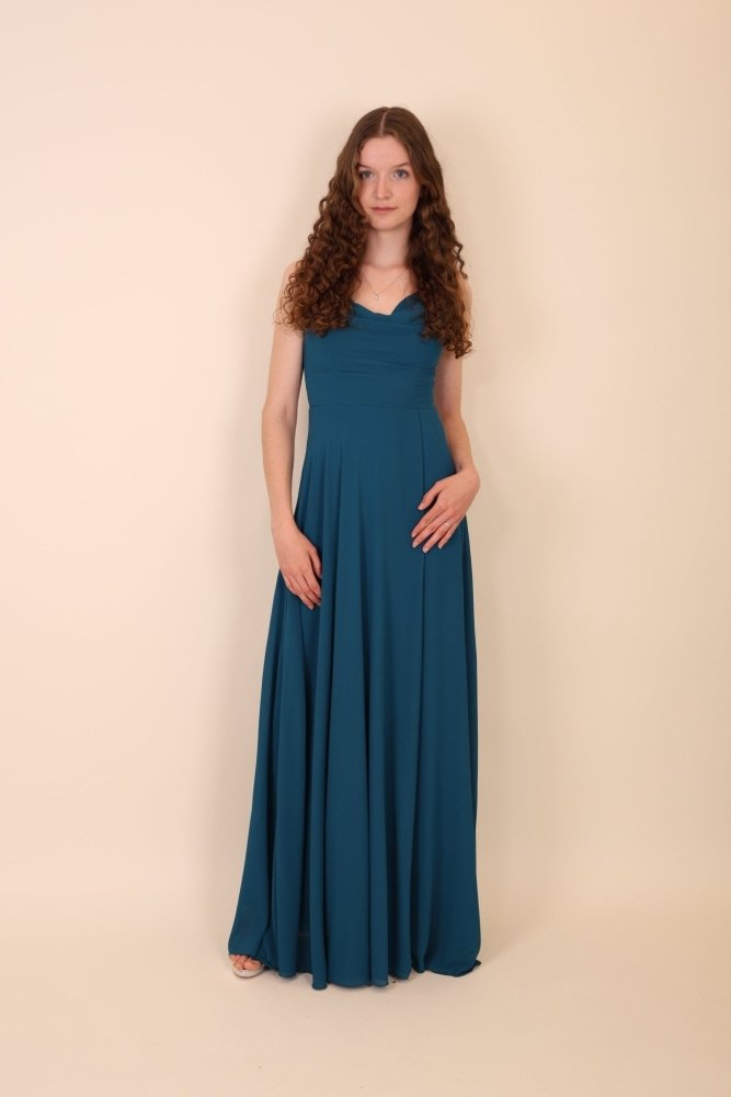 Langes schlichtes Kleid mit Schlitz mit elegantem Herzausschnitt, petrol - Dein Kleiderladen