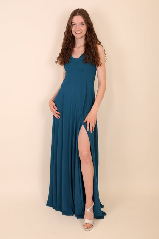 Langes schlichtes Kleid mit Schlitz mit elegantem Herzausschnitt, petrol - Dein Kleiderladen