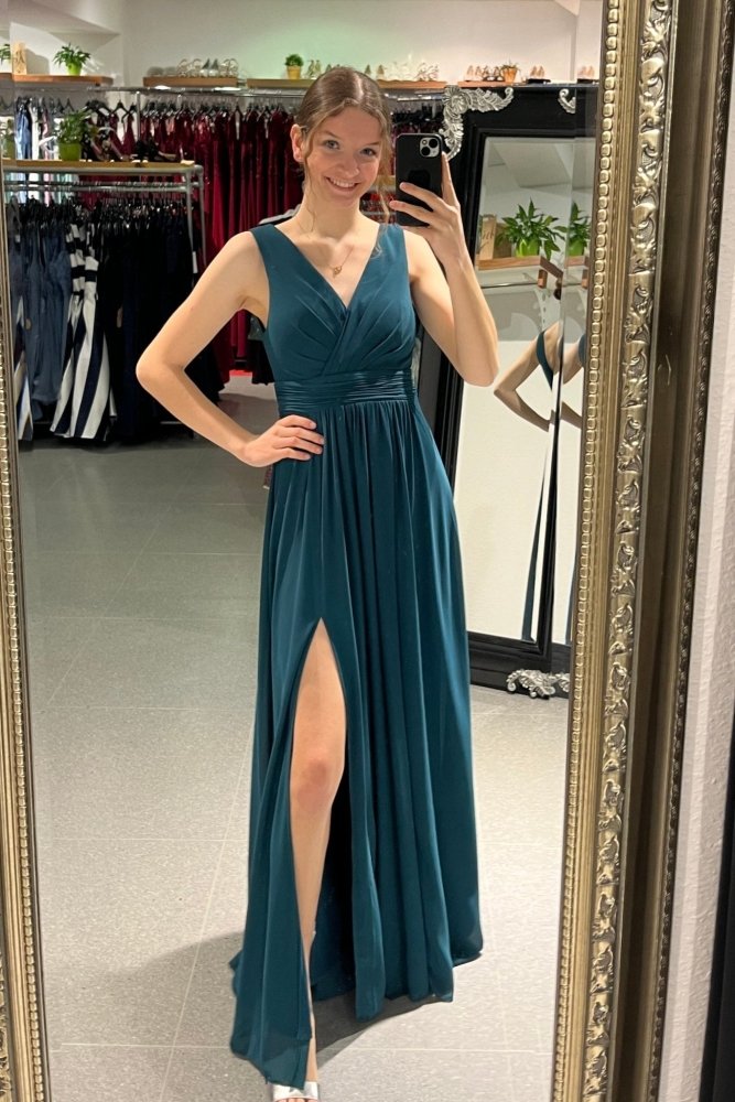 Langes schlichtes Kleid mit Schlitz, petrol - Dein Kleiderladen