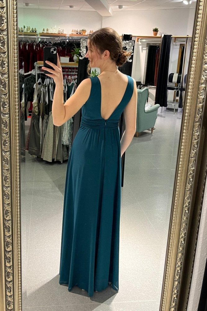 Langes schlichtes Kleid mit Schlitz, petrol - Dein Kleiderladen
