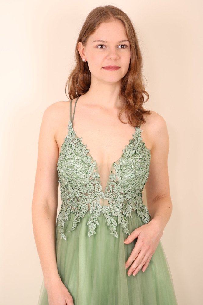Tüllkleid mit eleganter Spitze, hellgrün - Dein Kleiderladen