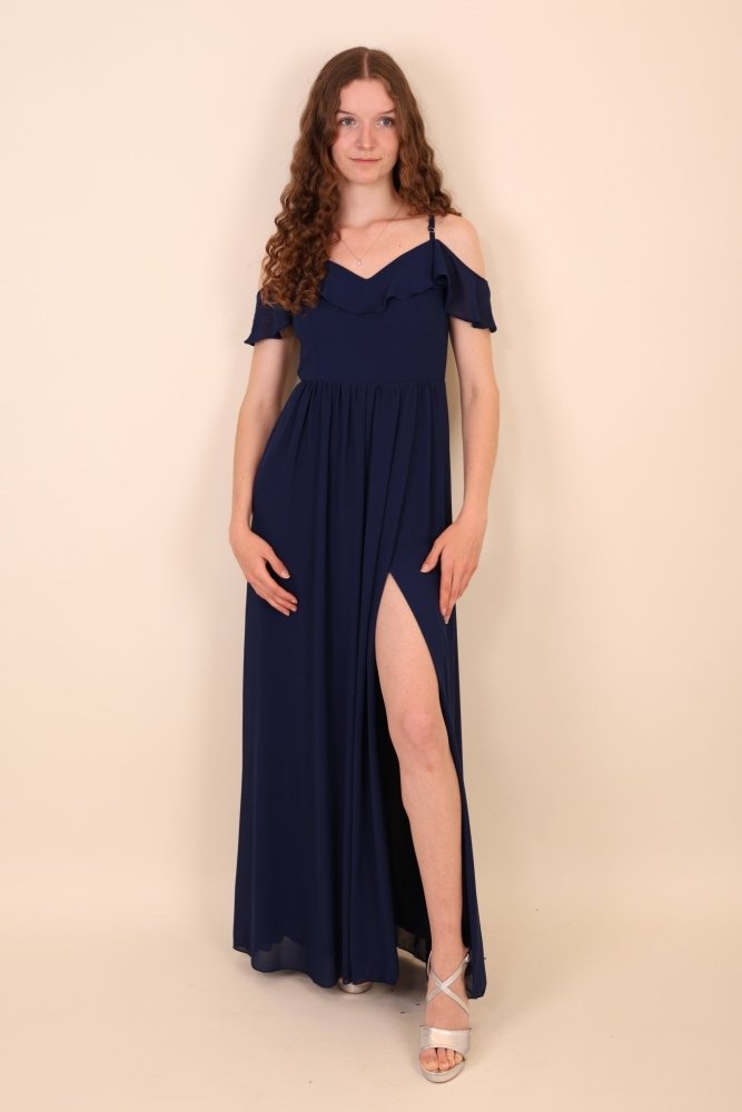 Off - Shoulder Abendkleid mit Beinschlitz, dunkelblau - Dein Kleiderladen