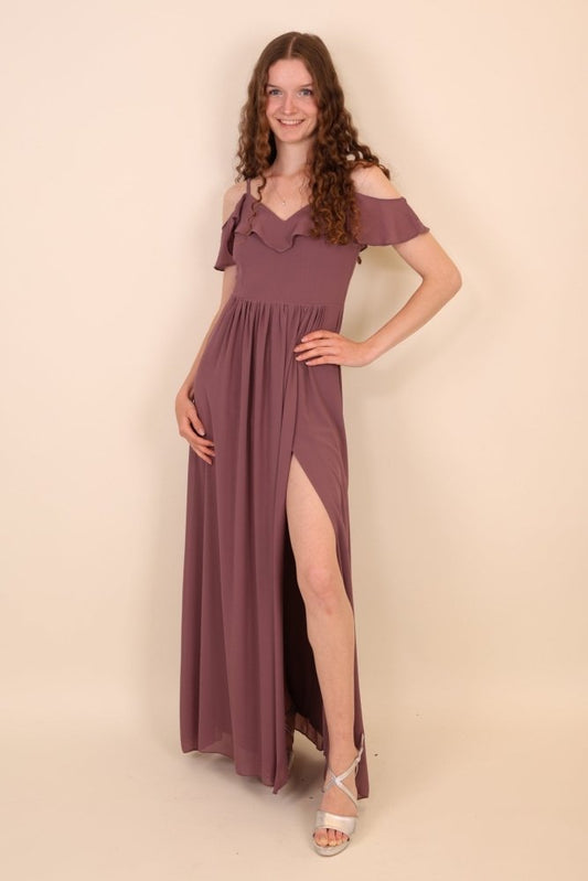 Off - Shoulder Abendkleid mit Beinschlitz, lila - Dein Kleiderladen