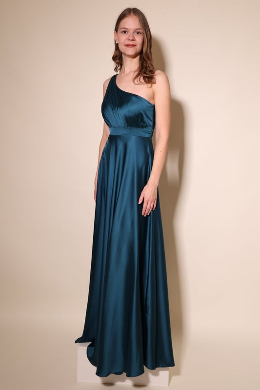 One Shoulder Satinkeid mit Raffungen, petrol - Dein Kleiderladen