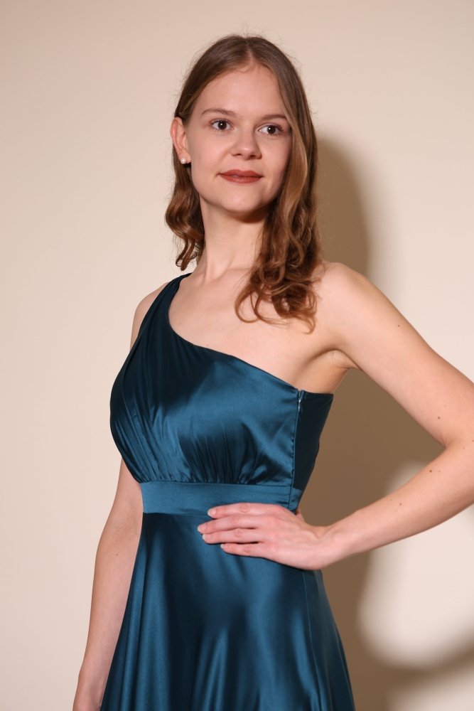 One Shoulder Satinkeid mit Raffungen, petrol - Dein Kleiderladen