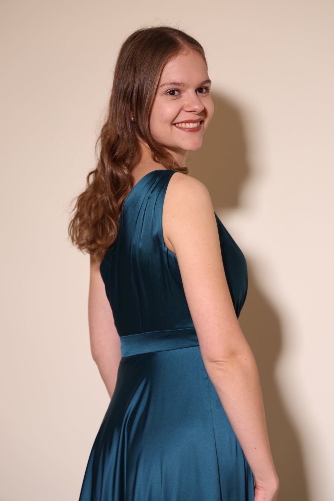 One Shoulder Satinkeid mit Raffungen, petrol - Dein Kleiderladen