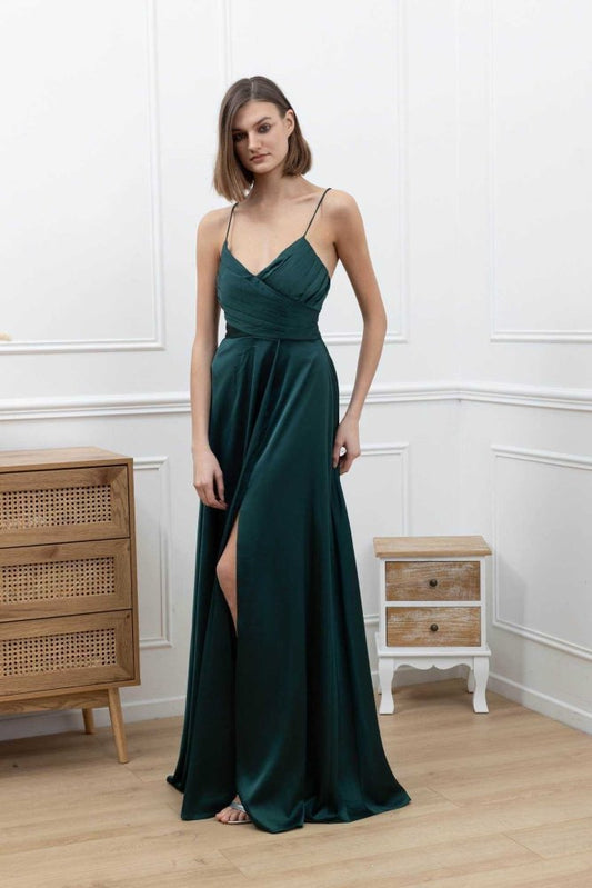 Satinkleid lang mit Schnürung und Schlitz, dunkelgrün - Dein Kleiderladen