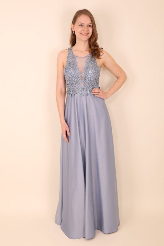 Satinkleid mit bestickter Spitze & Rundhalsausschnitt, graublau - Dein Kleiderladen