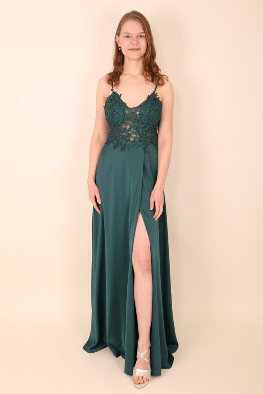 Satinkleid mit floraler Spitze und seitlichem Beinschlitz, dunkelgrün - Dein Kleiderladen