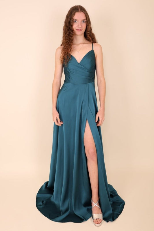 Satinkleid mit Raffungen, V - Ausschnitt und Schlitz, petrol - Dein Kleiderladen